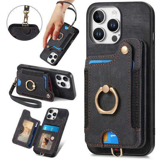For iPhone 16 Pro Retro Skin-feel Ring Multi-card Wallet Phone Case(Black) by buy2fix