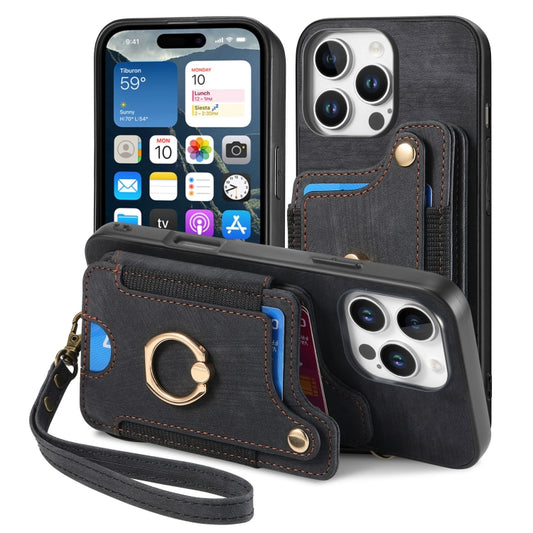 For iPhone 16 Pro Retro Skin-feel Ring Multi-card Wallet Phone Case(Black) by buy2fix