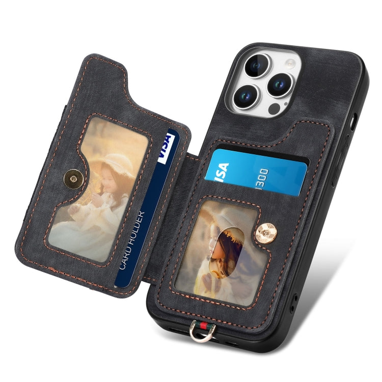 For iPhone 16 Pro Retro Skin-feel Ring Multi-card Wallet Phone Case(Black) by buy2fix