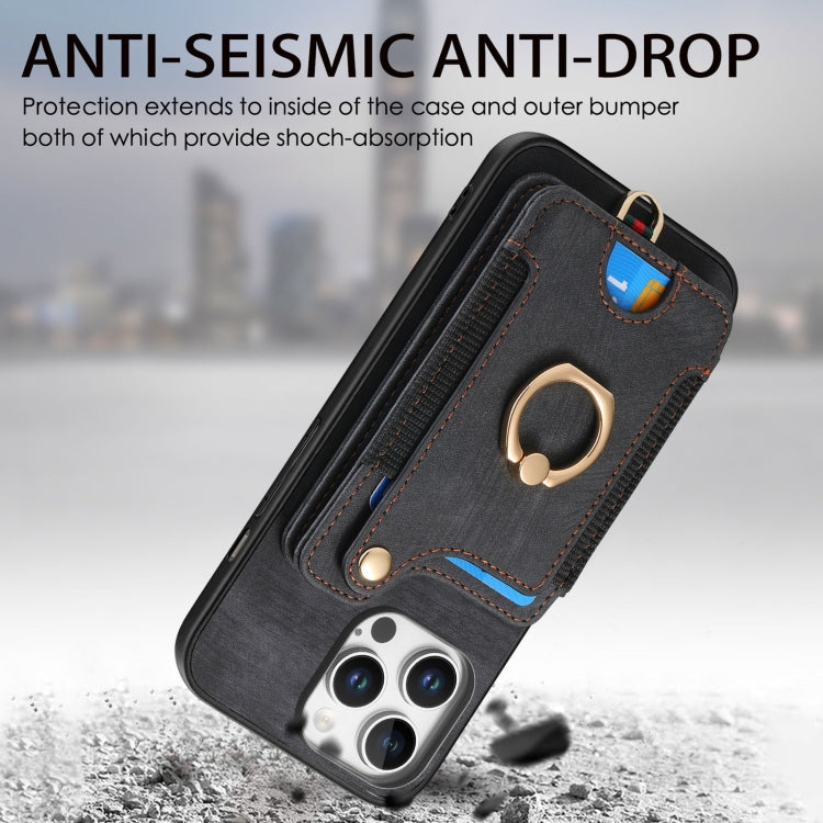 For iPhone 16 Pro Retro Skin-feel Ring Multi-card Wallet Phone Case(Black) by buy2fix