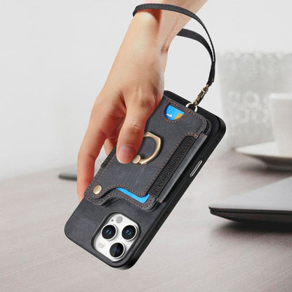 For iPhone 16 Pro Retro Skin-feel Ring Multi-card Wallet Phone Case(Black) by buy2fix