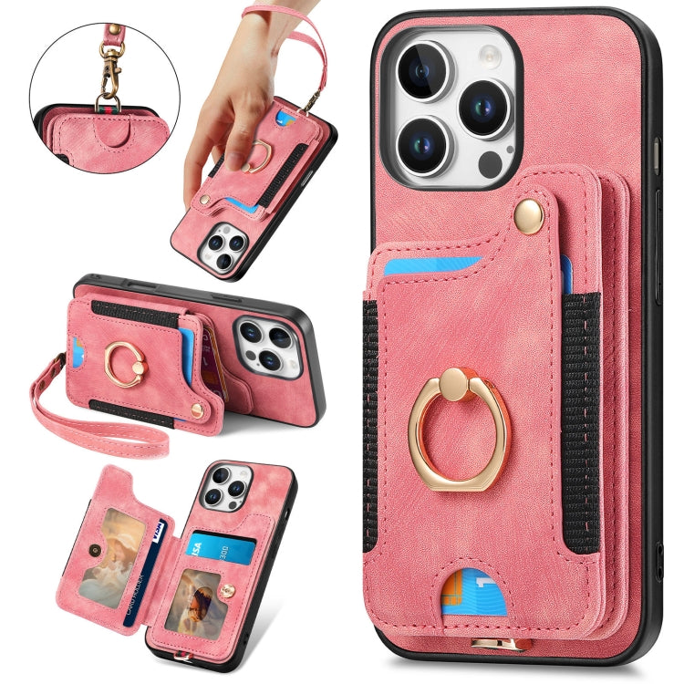 For iPhone 16 Pro Max Retro Skin-feel Ring Multi-card Wallet Phone Case(Pink) by buy2fix