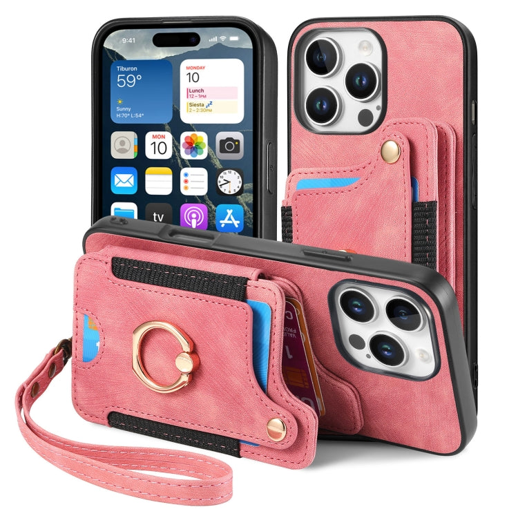 For iPhone 16 Pro Max Retro Skin-feel Ring Multi-card Wallet Phone Case(Pink) by buy2fix
