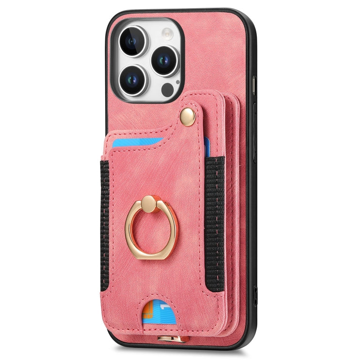 For iPhone 16 Pro Max Retro Skin-feel Ring Multi-card Wallet Phone Case(Pink) by buy2fix