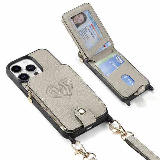 For iPhone 15 Pro Crossbody Love Zipper Leather Back Phone Case(White) - iPhone 15 Pro Cases by buy2fix | Online Shopping UK | buy2fix