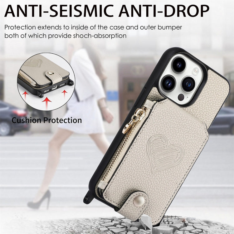 For iPhone 15 Pro Crossbody Love Zipper Leather Back Phone Case(White) - iPhone 15 Pro Cases by buy2fix | Online Shopping UK | buy2fix
