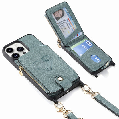 For iPhone 15 Pro Crossbody Love Zipper Leather Back Phone Case(Green) - iPhone 15 Pro Cases by buy2fix | Online Shopping UK | buy2fix