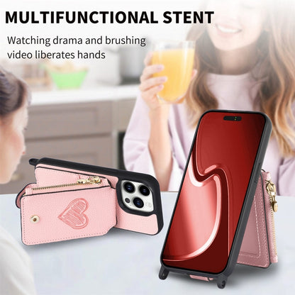 For iPhone 15 Pro Crossbody Love Zipper Leather Back Phone Case(Pink) - iPhone 15 Pro Cases by buy2fix | Online Shopping UK | buy2fix