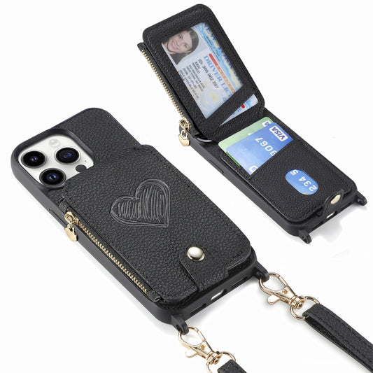For iPhone 15 Pro Crossbody Love Zipper Leather Back Phone Case(Black) - iPhone 15 Pro Cases by buy2fix | Online Shopping UK | buy2fix
