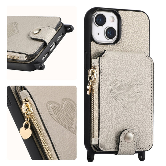 For iPhone 15 Crossbody Love Zipper Leather Back Phone Case(White)