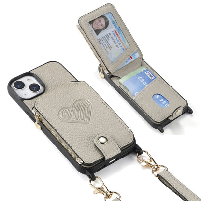 For iPhone 15 Crossbody Love Zipper Leather Back Phone Case(White) - iPhone 15 Cases by buy2fix | Online Shopping UK | buy2fix