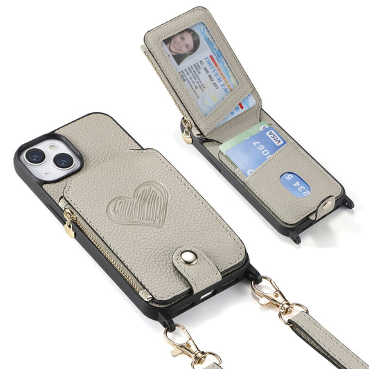 For iPhone 15 Crossbody Love Zipper Leather Back Phone Case(White) - iPhone 15 Cases by buy2fix | Online Shopping UK | buy2fix