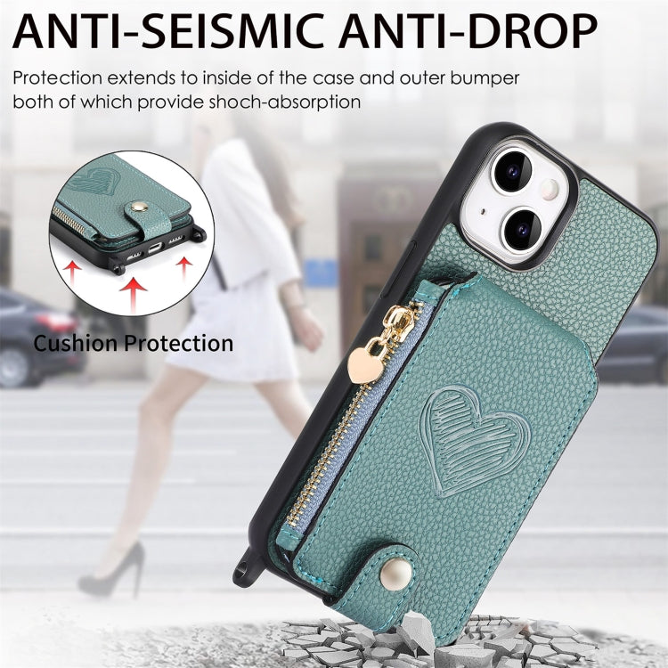 For iPhone 15 Crossbody Love Zipper Leather Back Phone Case(Green) - iPhone 15 Cases by buy2fix | Online Shopping UK | buy2fix