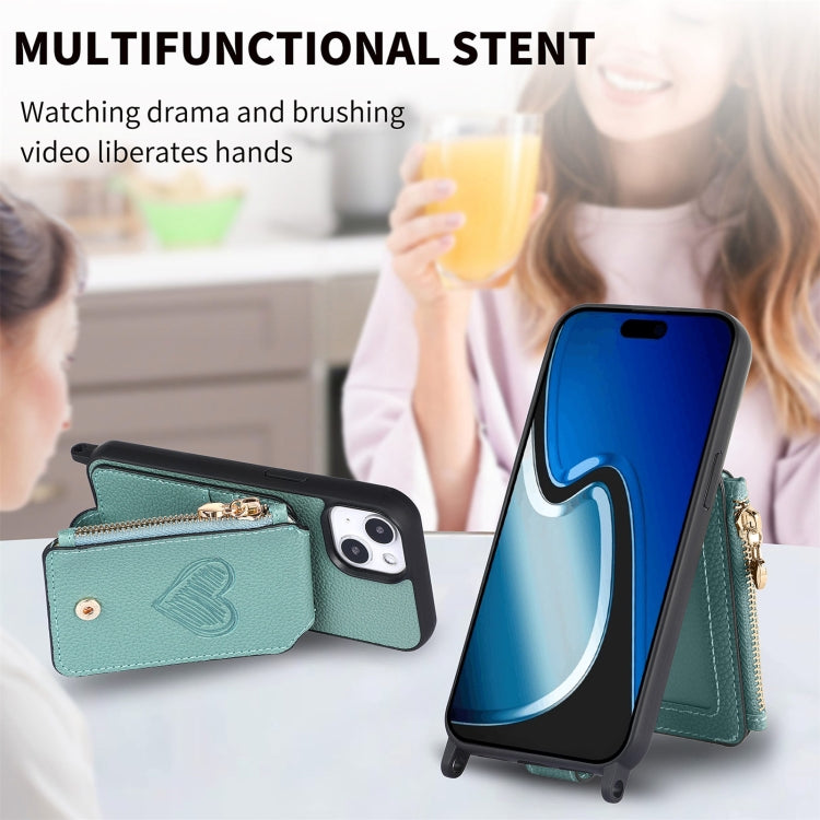 For iPhone 15 Crossbody Love Zipper Leather Back Phone Case(Green) - iPhone 15 Cases by buy2fix | Online Shopping UK | buy2fix