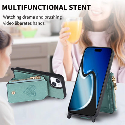 For iPhone 15 Crossbody Love Zipper Leather Back Phone Case(Green) - iPhone 15 Cases by buy2fix | Online Shopping UK | buy2fix