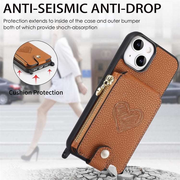 For iPhone 15 Crossbody Love Zipper Leather Back Phone Case(Brown) - iPhone 15 Cases by buy2fix | Online Shopping UK | buy2fix