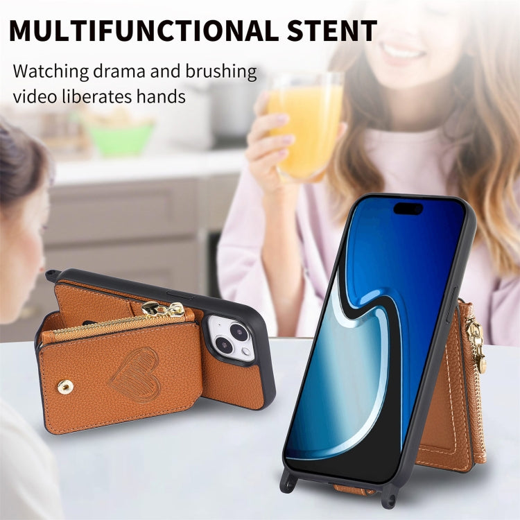 For iPhone 15 Crossbody Love Zipper Leather Back Phone Case(Brown) - iPhone 15 Cases by buy2fix | Online Shopping UK | buy2fix