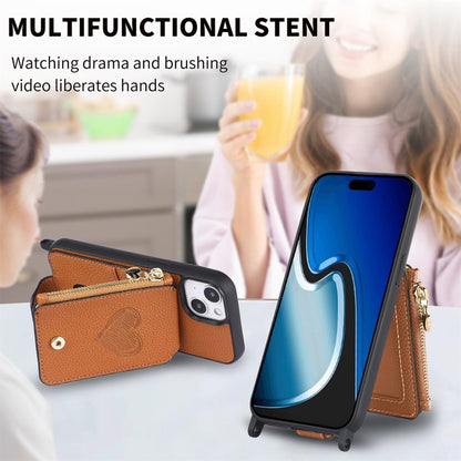 For iPhone 15 Crossbody Love Zipper Leather Back Phone Case(Brown) - iPhone 15 Cases by buy2fix | Online Shopping UK | buy2fix