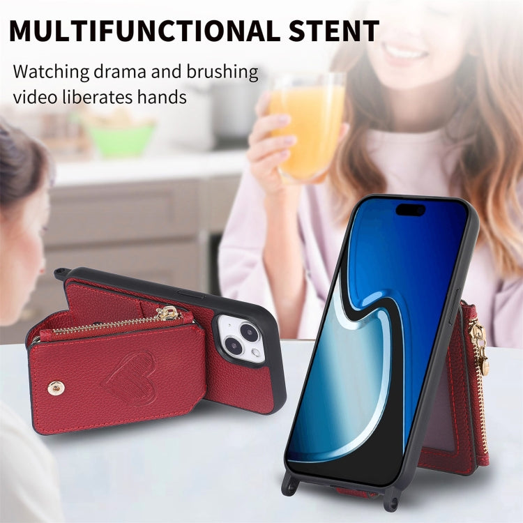 For iPhone 15 Crossbody Love Zipper Leather Back Phone Case(Red) - iPhone 15 Cases by buy2fix | Online Shopping UK | buy2fix