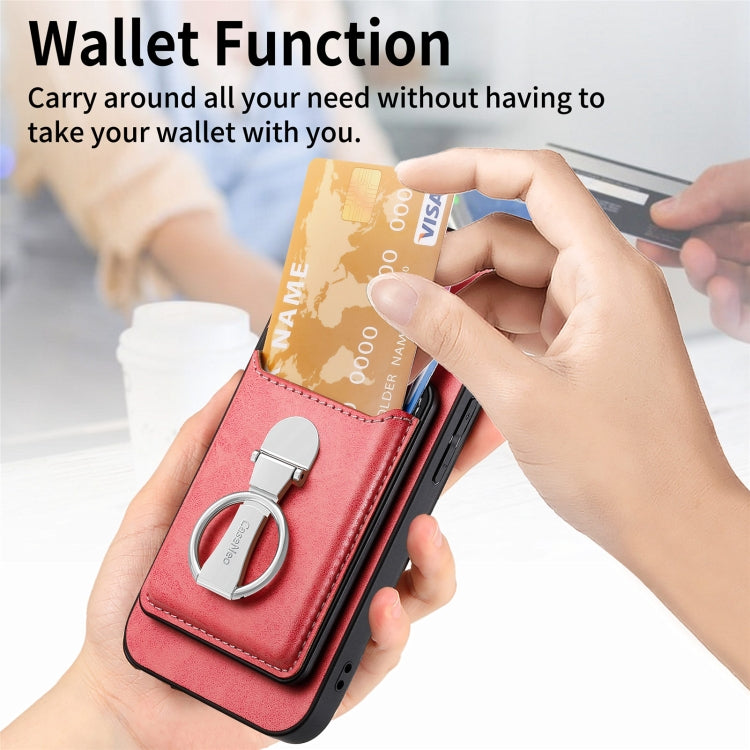 For iPhone 15 Plus Skin Feel Ring Holder Wallet Magnetic Phone Case(Pink) - iPhone 15 Plus Cases by buy2fix | Online Shopping UK | buy2fix
