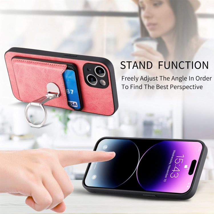 For iPhone 15 Plus Skin Feel Ring Holder Wallet Magnetic Phone Case(Pink) - iPhone 15 Plus Cases by buy2fix | Online Shopping UK | buy2fix