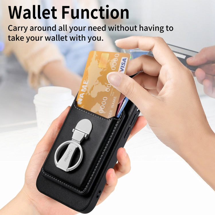 For iPhone 15 Pro Skin Feel Ring Holder Wallet Magnetic Phone Case(Black) - iPhone 15 Pro Cases by buy2fix | Online Shopping UK | buy2fix
