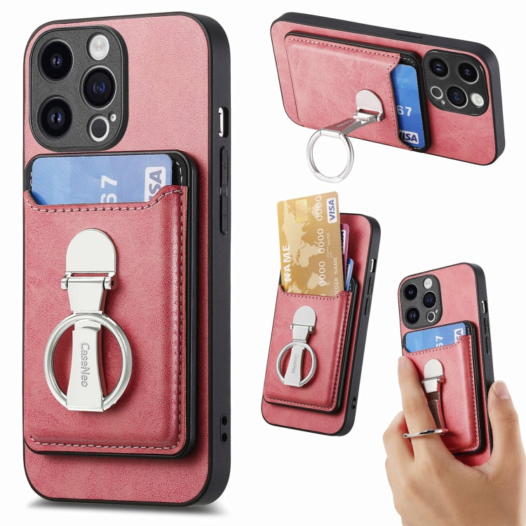 For iPhone 15 Skin Feel Ring Holder Wallet Magnetic Phone Case(Pink) - iPhone 15 Cases by buy2fix | Online Shopping UK | buy2fix