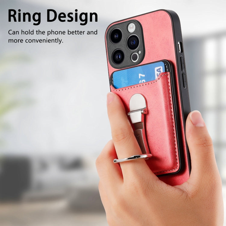 For iPhone 15 Skin Feel Ring Holder Wallet Magnetic Phone Case(Pink) - iPhone 15 Cases by buy2fix | Online Shopping UK | buy2fix