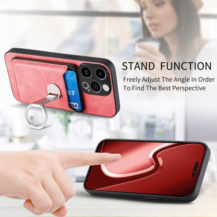 For iPhone 15 Skin Feel Ring Holder Wallet Magnetic Phone Case(Pink) - iPhone 15 Cases by buy2fix | Online Shopping UK | buy2fix