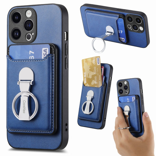 For iPhone 15 Skin Feel Ring Holder Wallet Magnetic Phone Case(Blue)