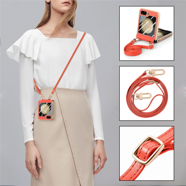 For Samsung Galaxy Z Flip5 5G Crossbody Litchi Texture PU Integrated Phone Case(Orange) - Galaxy Z Flip5 Cases by buy2fix | Online Shopping UK | buy2fix