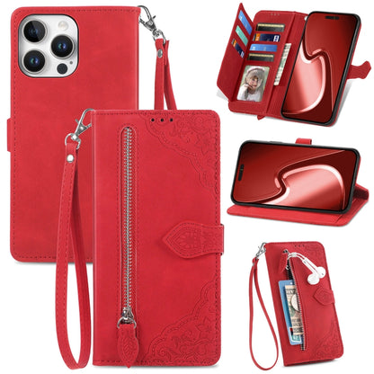 For iPhone 16 Pro Embossed Flower Zipper Leather Phone Case(Red) by buy2fix