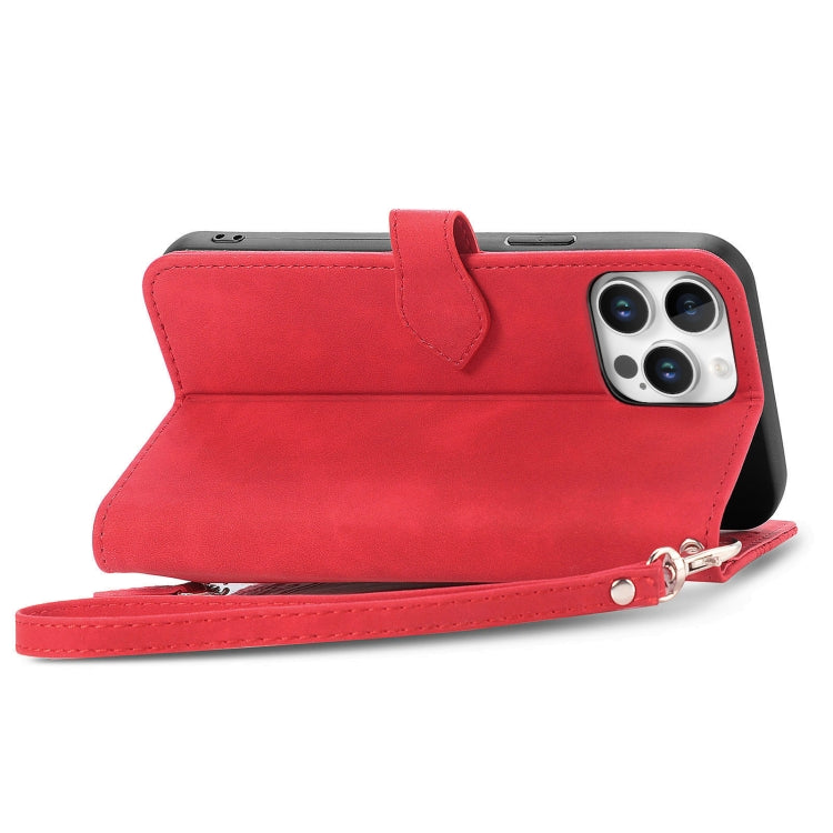 For iPhone 16 Pro Embossed Flower Zipper Leather Phone Case(Red) by buy2fix
