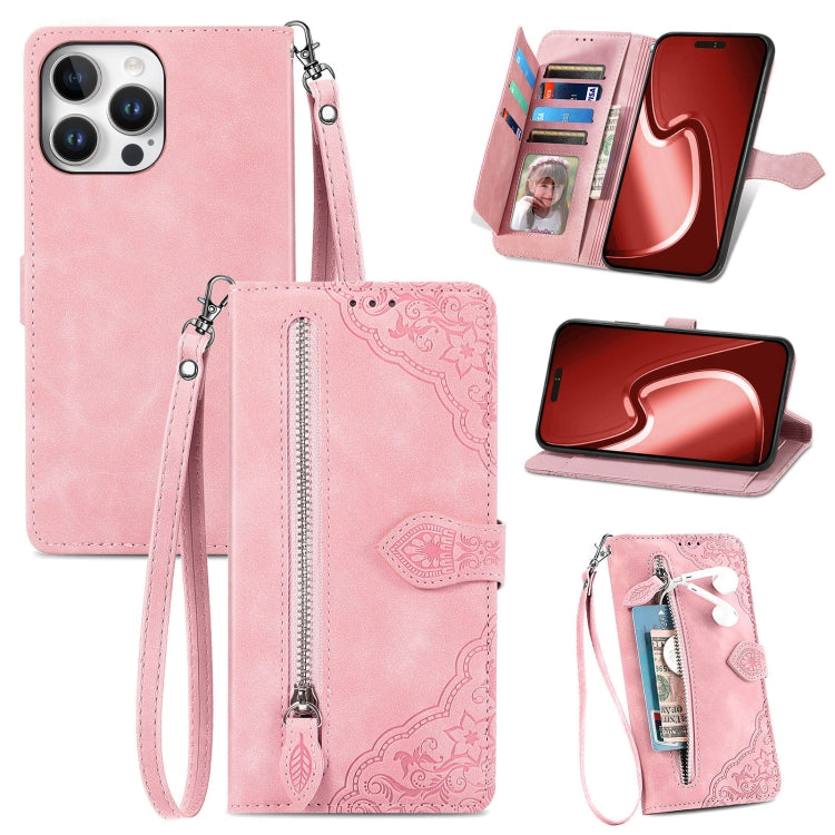 For iPhone 16 Pro Max Embossed Flower Zipper Leather Phone Case(Pink) by buy2fix