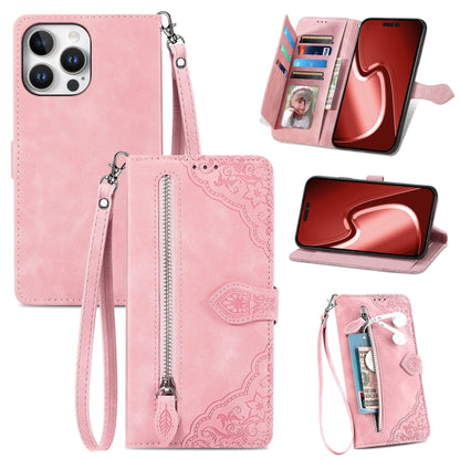 For iPhone 16 Pro Max Embossed Flower Zipper Leather Phone Case(Pink) by buy2fix