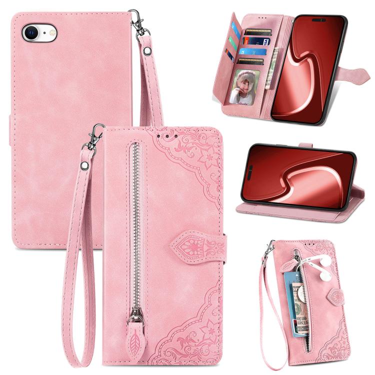 For iPhone 16e Embossed Flower Zipper Leather Phone Case(Pink) - iPhone 16e Cases by buy2fix | Online Shopping UK | buy2fix
