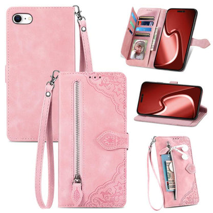 For iPhone 16e Embossed Flower Zipper Leather Phone Case(Pink) - iPhone 16e Cases by buy2fix | Online Shopping UK | buy2fix