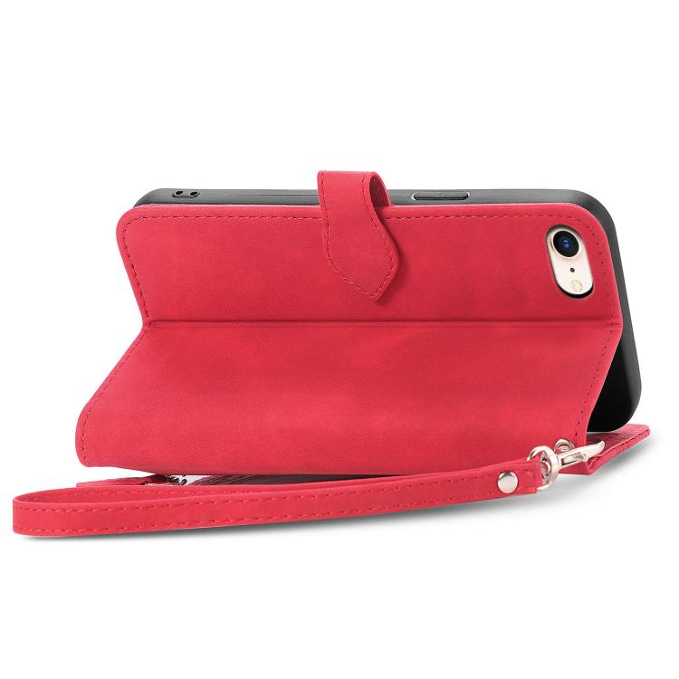 For iPhone 16e Embossed Flower Zipper Leather Phone Case(Red) - iPhone 16e Cases by buy2fix | Online Shopping UK | buy2fix