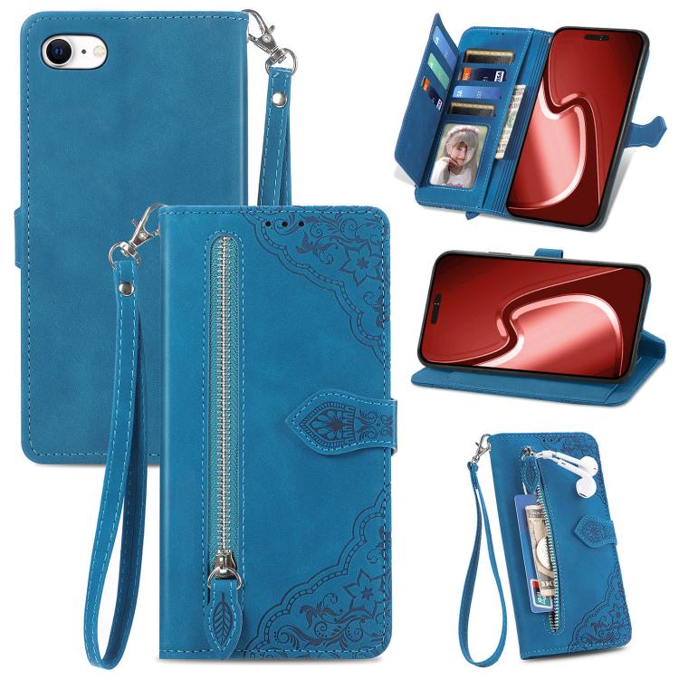 For iPhone 16e Embossed Flower Zipper Leather Phone Case(Blue) - iPhone 16e Cases by buy2fix | Online Shopping UK | buy2fix