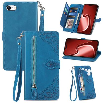 For iPhone 16e Embossed Flower Zipper Leather Phone Case(Blue) - iPhone 16e Cases by buy2fix | Online Shopping UK | buy2fix