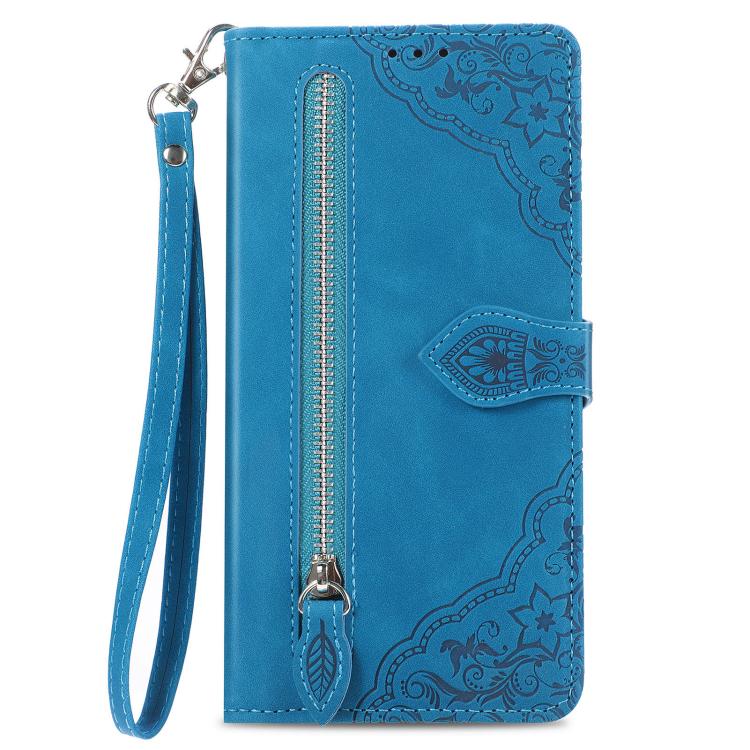 For iPhone 16e Embossed Flower Zipper Leather Phone Case(Blue) - iPhone 16e Cases by buy2fix | Online Shopping UK | buy2fix