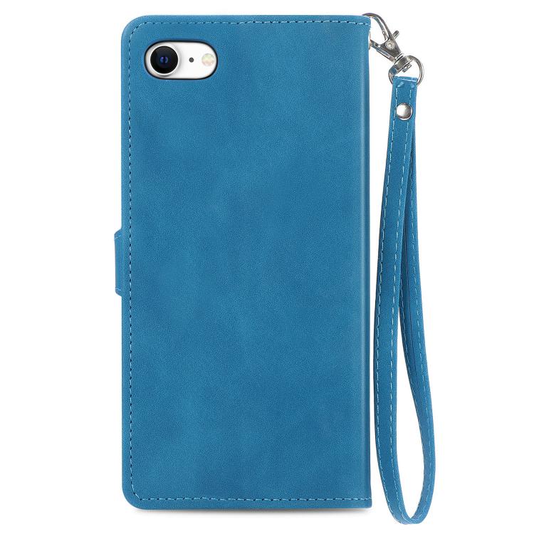 For iPhone 16e Embossed Flower Zipper Leather Phone Case(Blue) - iPhone 16e Cases by buy2fix | Online Shopping UK | buy2fix