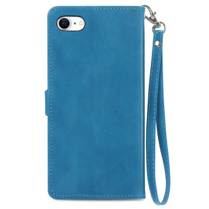 For iPhone 16e Embossed Flower Zipper Leather Phone Case(Blue) - iPhone 16e Cases by buy2fix | Online Shopping UK | buy2fix
