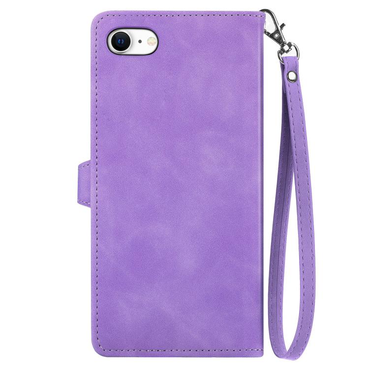 For iPhone 16e Embossed Flower Zipper Leather Phone Case(Purple) - iPhone 16e Cases by buy2fix | Online Shopping UK | buy2fix