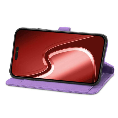 For iPhone 16e Embossed Flower Zipper Leather Phone Case(Purple) - iPhone 16e Cases by buy2fix | Online Shopping UK | buy2fix