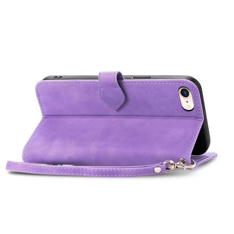 For iPhone 16e Embossed Flower Zipper Leather Phone Case(Purple) - iPhone 16e Cases by buy2fix | Online Shopping UK | buy2fix