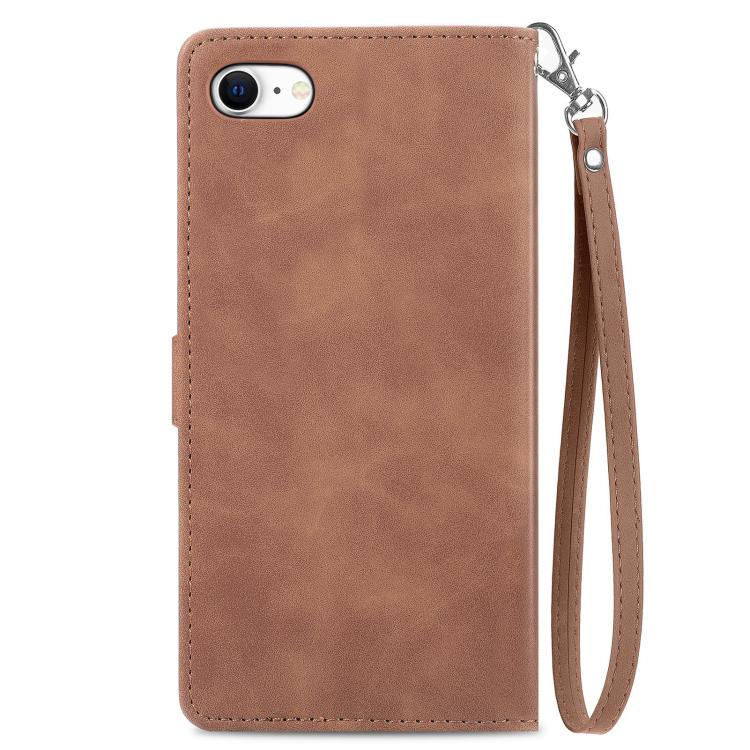 For iPhone 16e Embossed Flower Zipper Leather Phone Case(Brown) - iPhone 16e Cases by buy2fix | Online Shopping UK | buy2fix