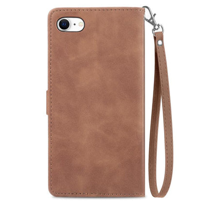 For iPhone 16e Embossed Flower Zipper Leather Phone Case(Brown) - iPhone 16e Cases by buy2fix | Online Shopping UK | buy2fix