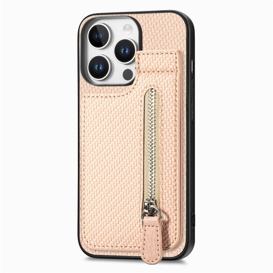 For iPhone 16 Pro Carbon Fiber Vertical Flip Zipper Phone Case(Khaki) by buy2fix