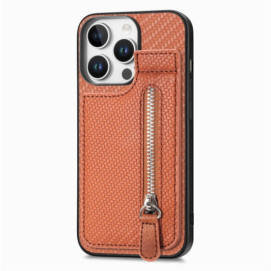 For iPhone 16 Pro Carbon Fiber Vertical Flip Zipper Phone Case(Brown) by buy2fix